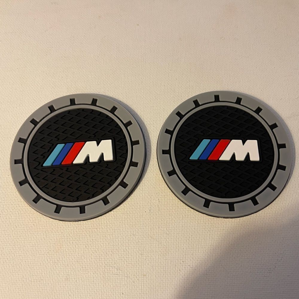 BMW Motorsports car cup Coasters in black and gray with logo Set of 2 NWT